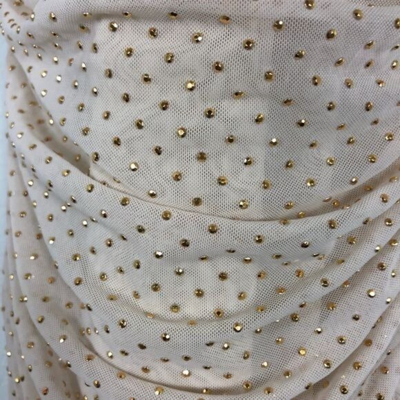 Bebe Beige Mesh Gold Studs Strapless Dress New Years Eve Wedding Date Size Small - Picture 5 of 7